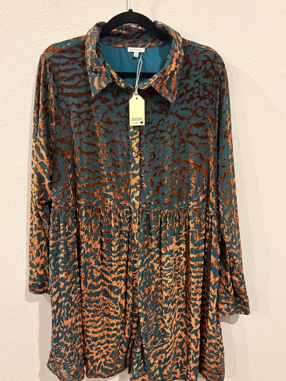 JODIFL Teal and Rust Animal-Print Button-Front Mini Dress